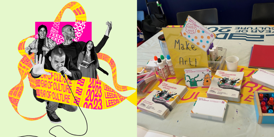Split screen image of LEEDS 2023 promo and table of crafts