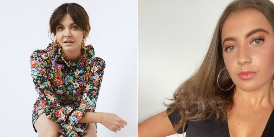 Split screen image of two females one with dark hair and wearing floral dress, the right hand side with long brown hair wearing black t shirt
