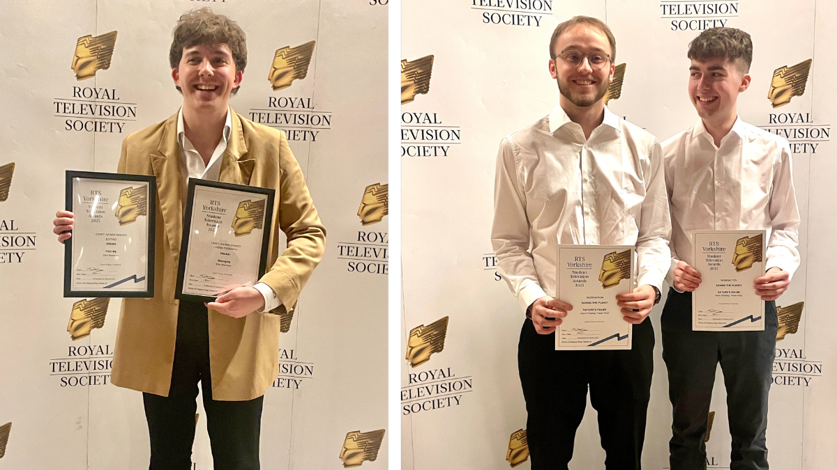 A collage of two images of students holding awards against a white backdrop, that reads Royal Television Society.