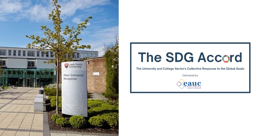 The Leeds Trinity entrance on the left side, showing trees and the pathway to reception, next to the SDG Accord logo on the right.