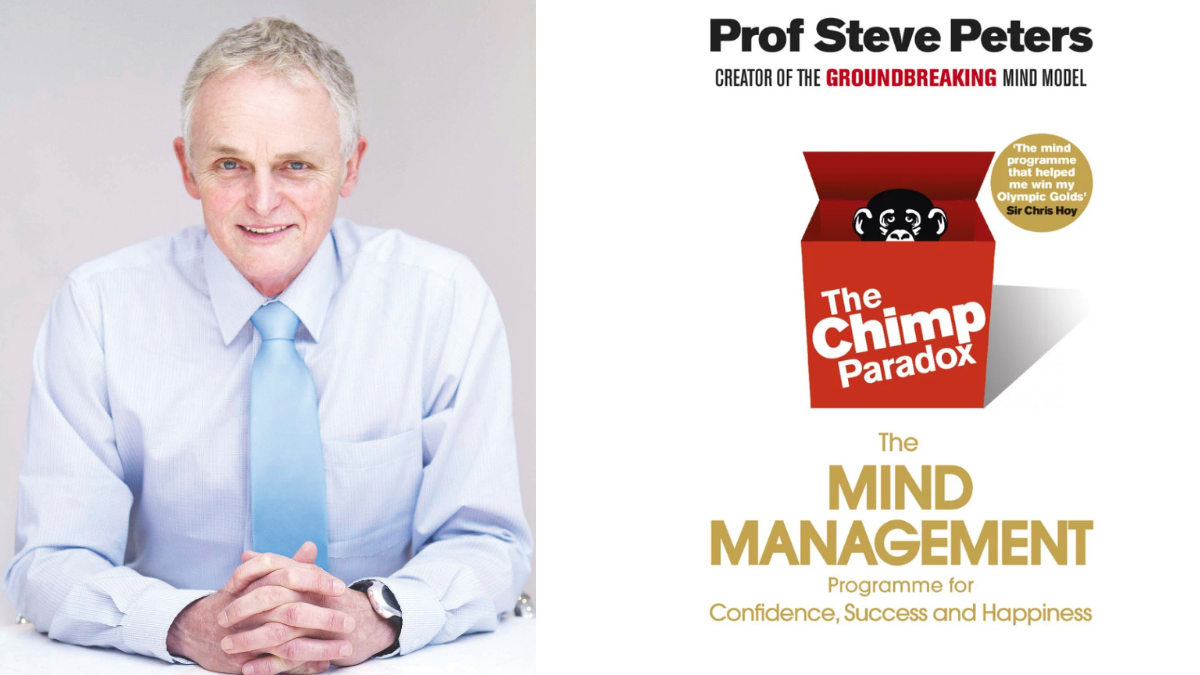 Author Steve Peters wearing a pale blue shirt and tie alongside a copy of his book The Chimp Paradox