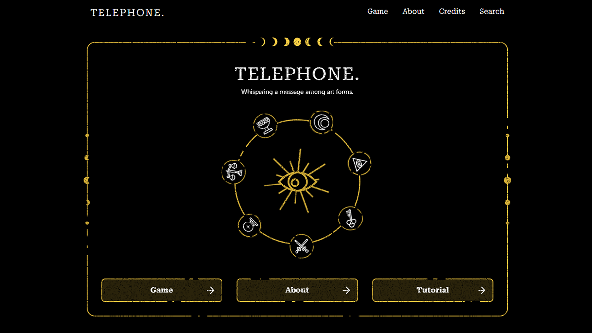 The home page of the global art project TELEPHONE, a black background with a rectangle in the middle, in the centre of which there is a circle made of symbols for different art forms. The colour accents are yellow and white and the title text reads TELEPHONE, whispering a message among art forms.